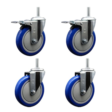 Service Caster 5 Inch Blue Polyurethane Swivel 34 Inch Threaded Stem Caster Set 2 Total Lock Brakes SCC-TSTTL20S514-PPUB-BLUE-34212-2-S2
